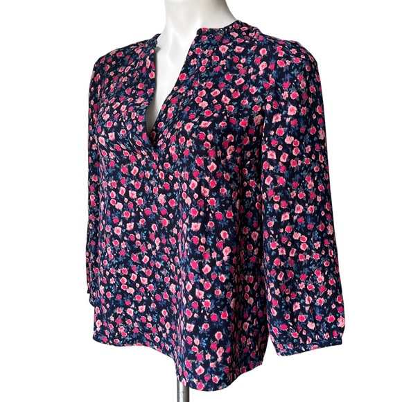 J. Crew Open V-Neck Top Dotted Floral Small Blue Pink Crepe Long Sleeve, Sz XS - Picture 7 of 13